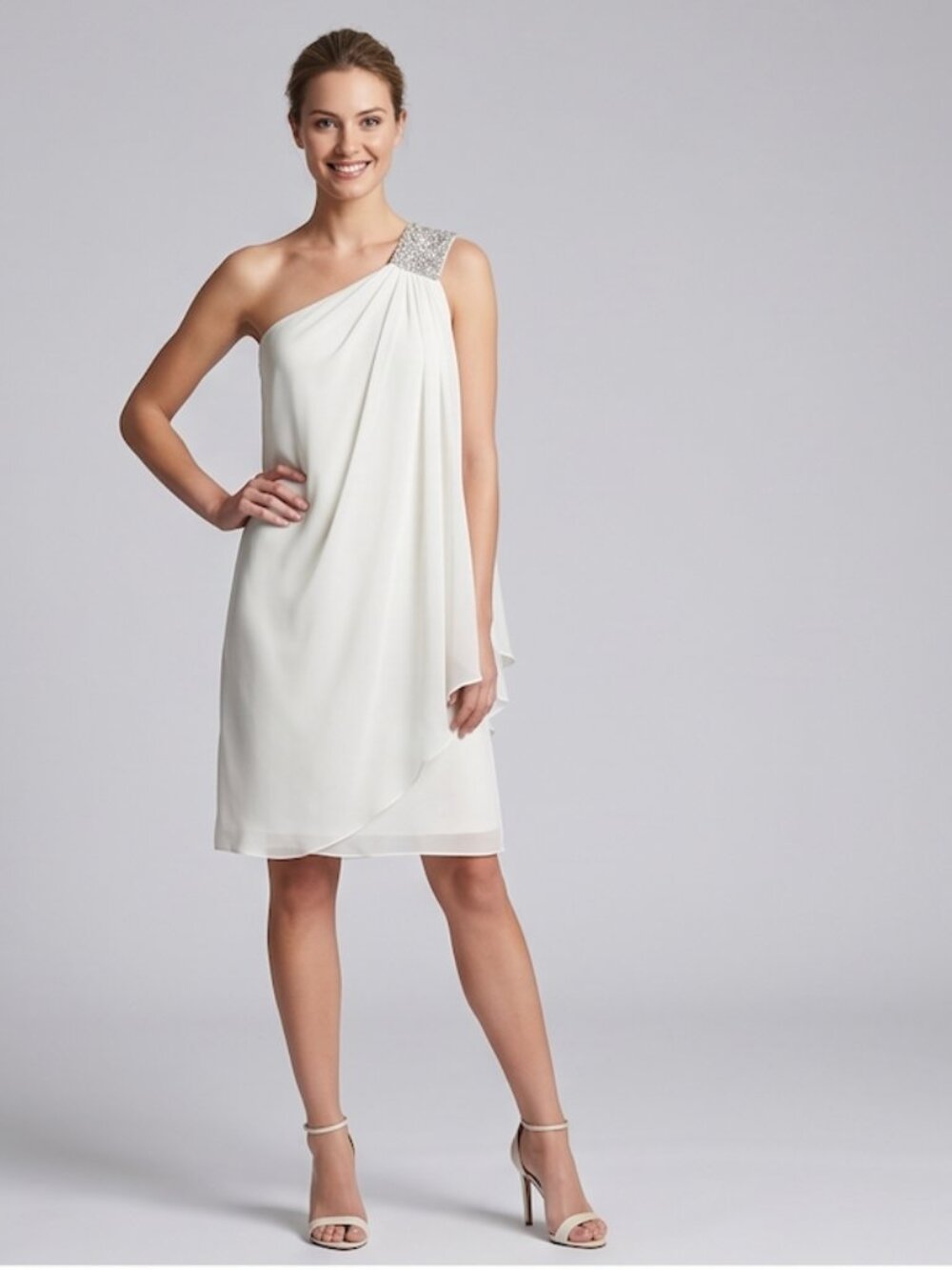 Calvin Klein Ivory Embellished Crystal One-Shoulder Chiffon Cocktail Dress